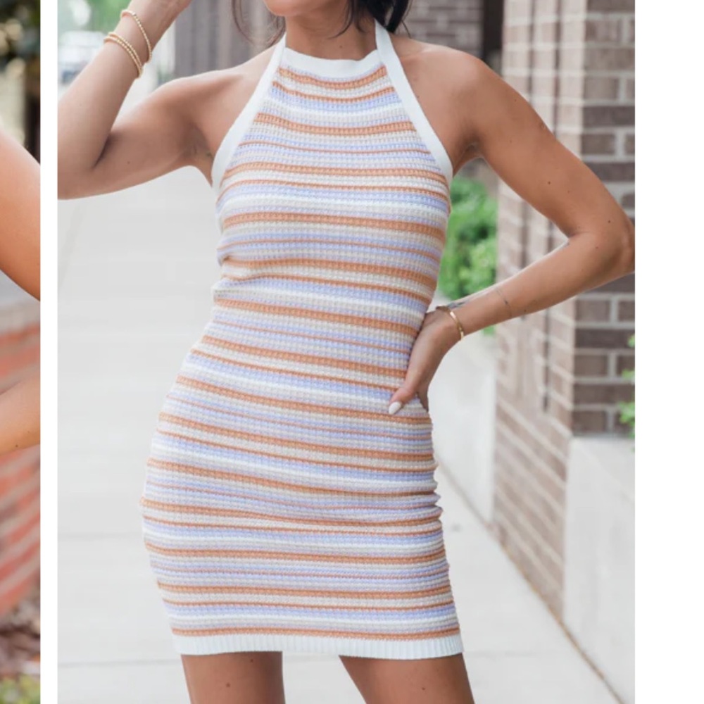 Striped Ribbed Bodycon Mini Dress – Pink Lily – White & Orange – Size M